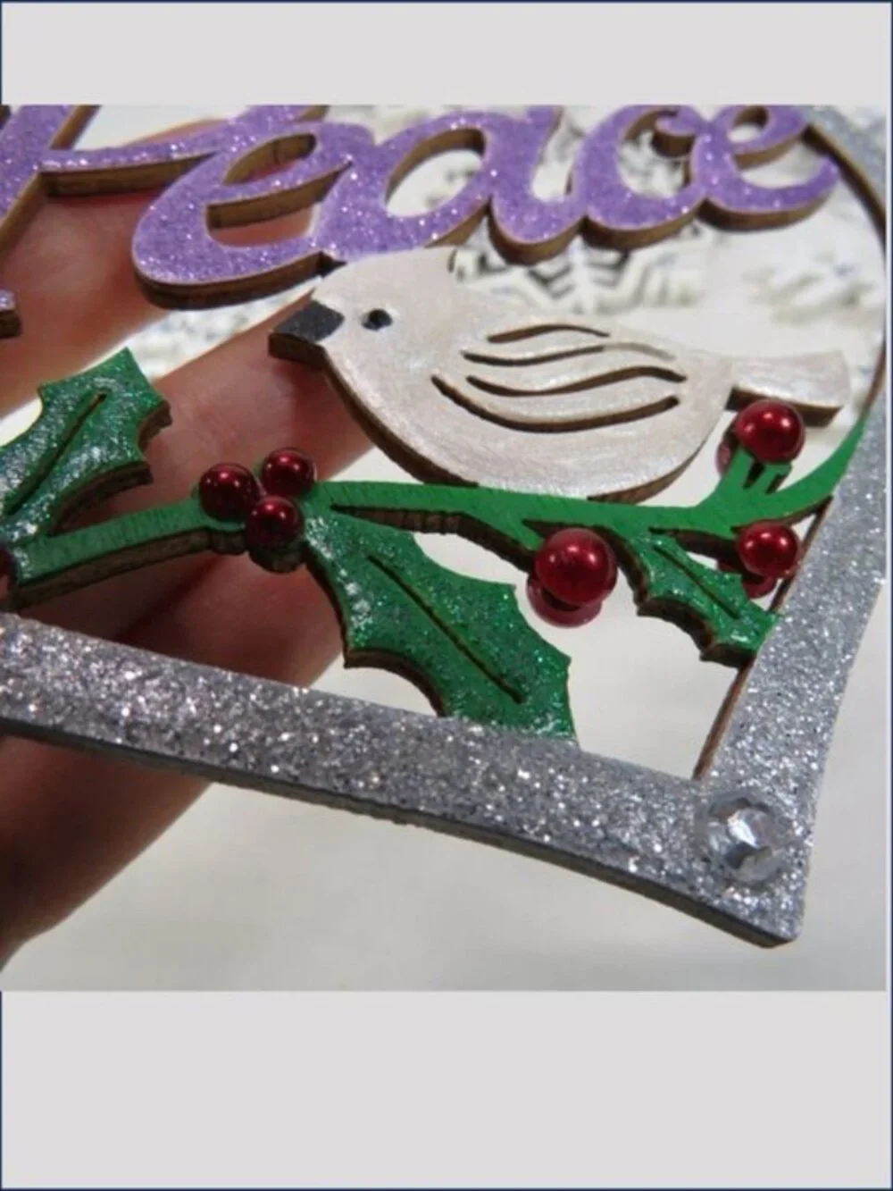 White Wood Snowflake (7) Ornaments Purple Peace Bird Christmas Holiday Decor